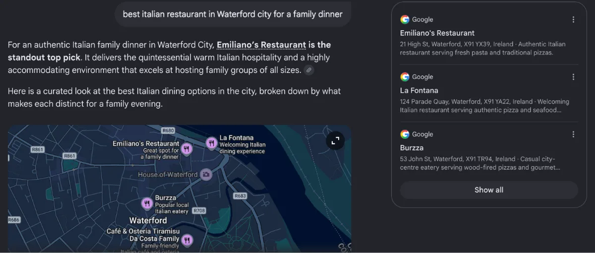 Google AI Mode recommending an Italian restaurant in Waterford for a family dinner, with a map and three Google Business Profiles as its sources